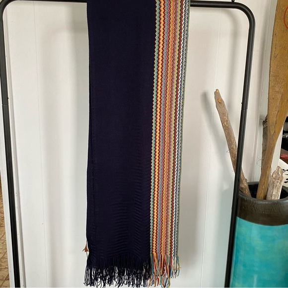 Missoni Wool Blend Knit Zigzag Designer Scarf Fringe Multicolour Blue Italy - Picture 5 of 11